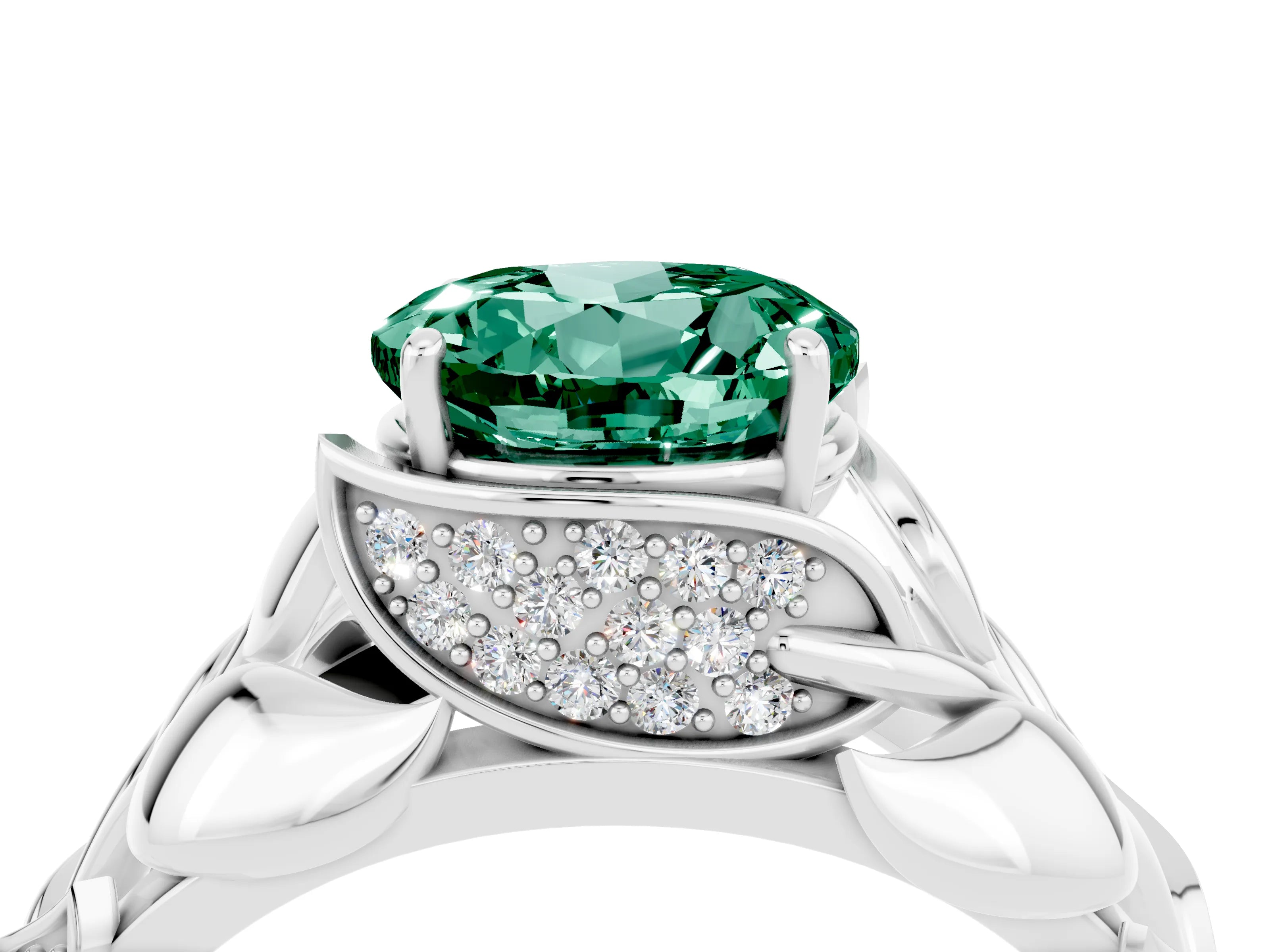 White gold Round Cut Solitaire Leaf-Inspired Engagement Ring with Prong Setting_4