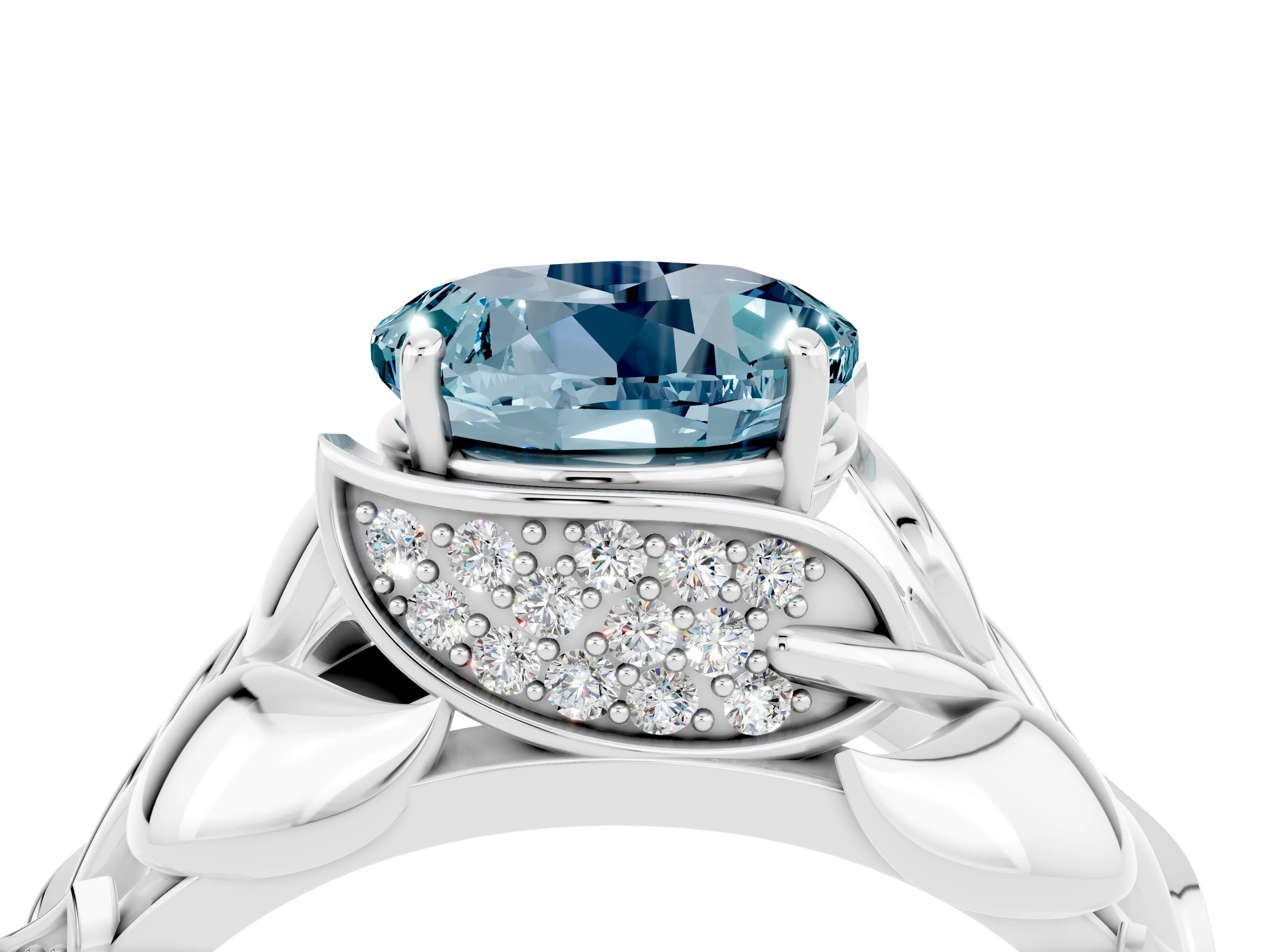 White gold Round Cut Solitaire Leaf-Inspired Engagement Ring with Prong Setting_4