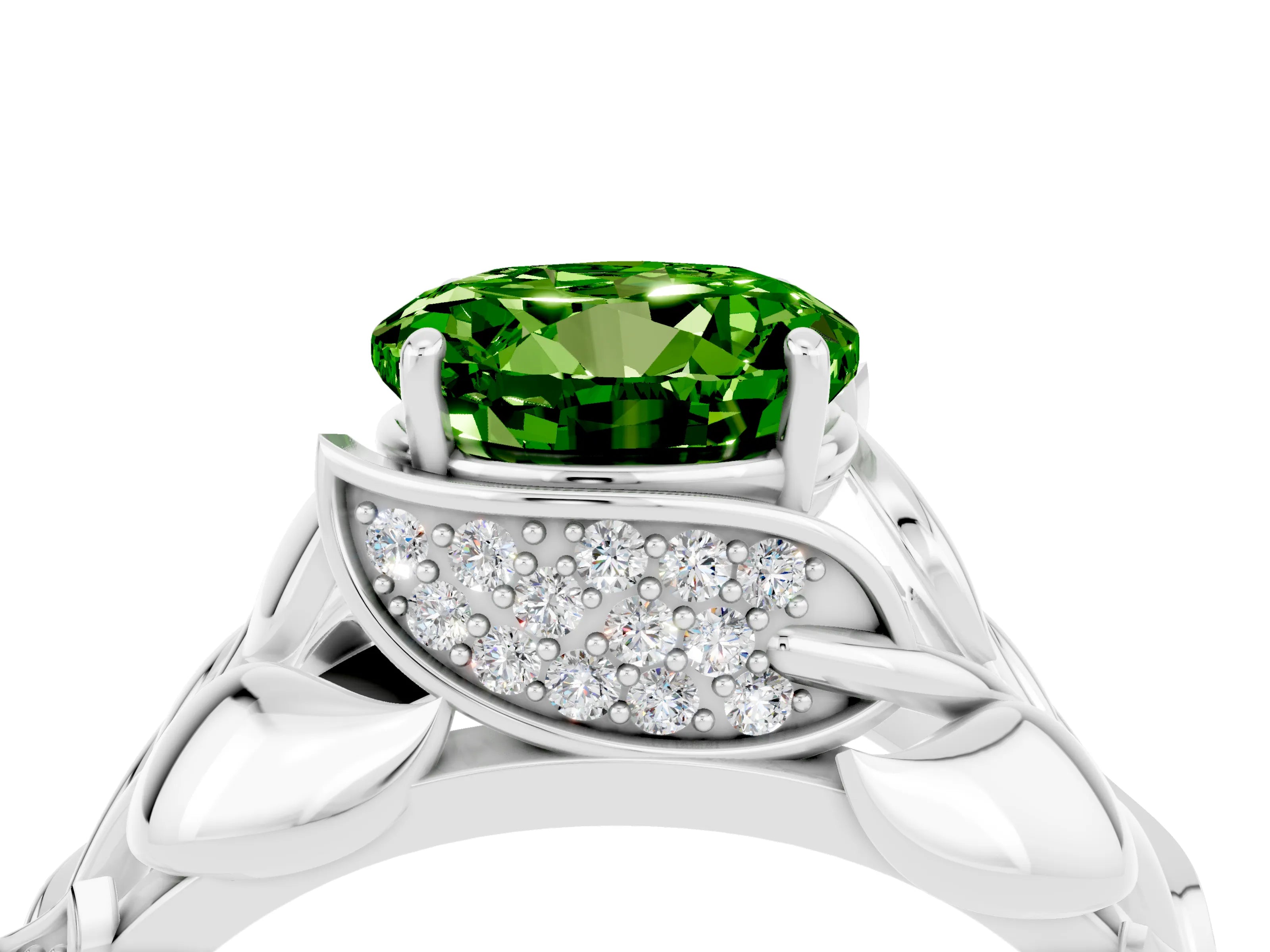 White gold Round Cut Solitaire Leaf-Inspired Engagement Ring with Prong Setting_4