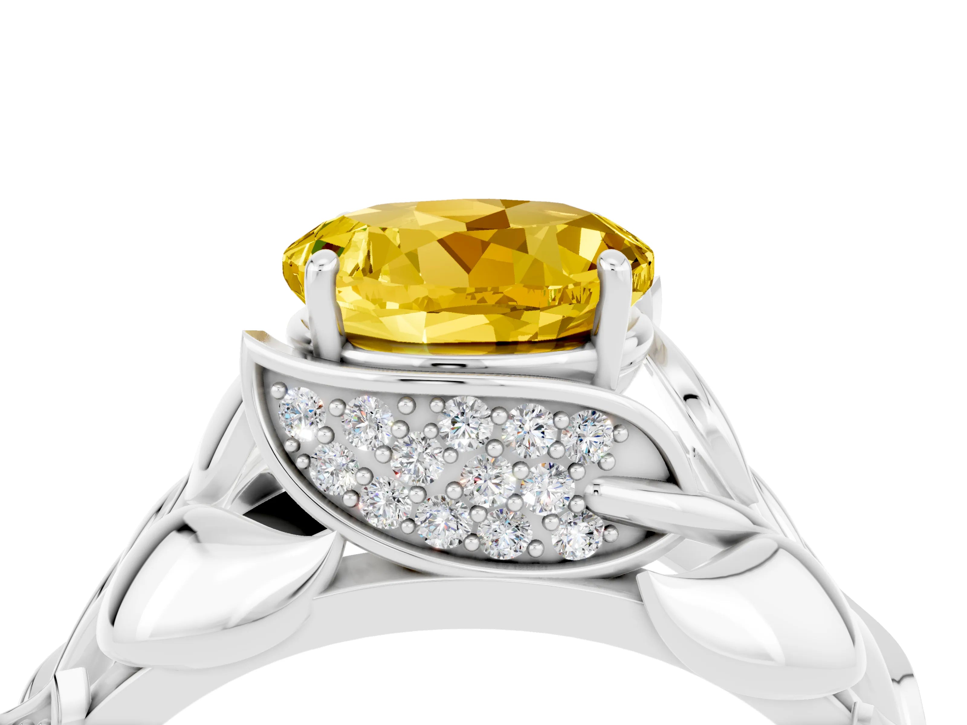 White gold Round Cut Solitaire Leaf-Inspired Engagement Ring with Prong Setting_4