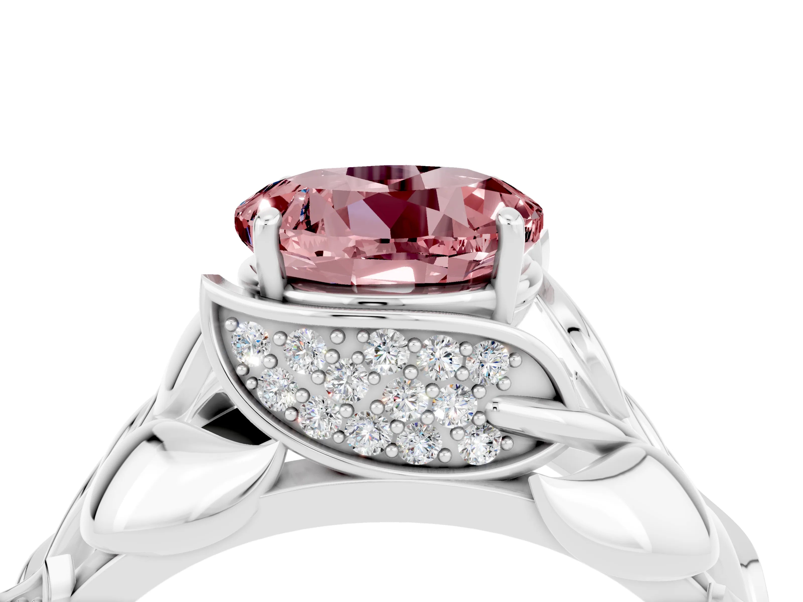 White gold Round Cut Solitaire Leaf-Inspired Engagement Ring with Prong Setting_4