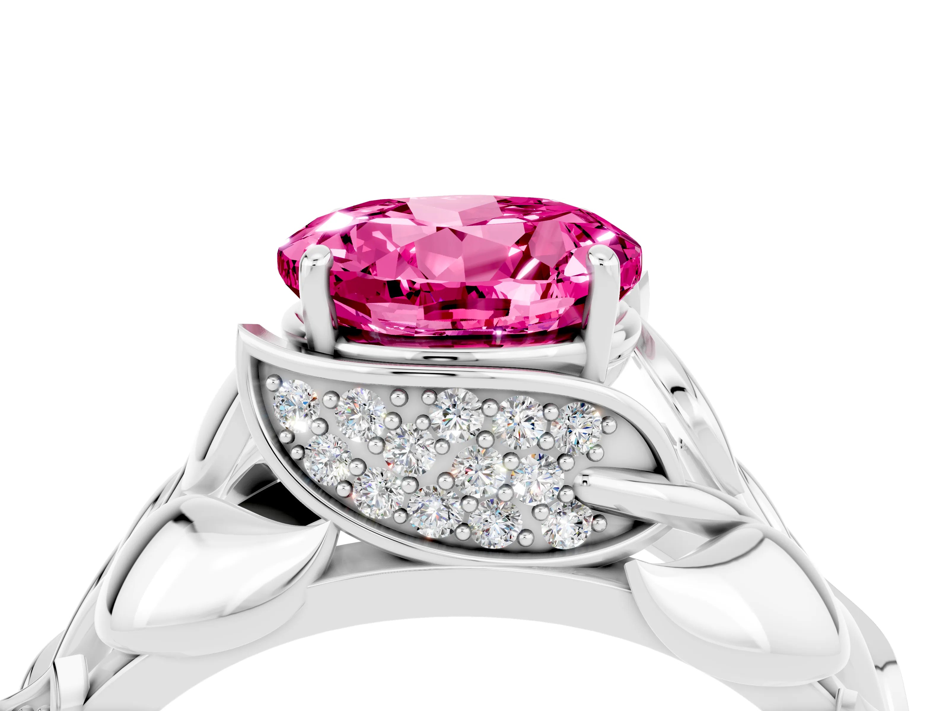 White gold Round Cut Solitaire Leaf-Inspired Engagement Ring with Prong Setting_4