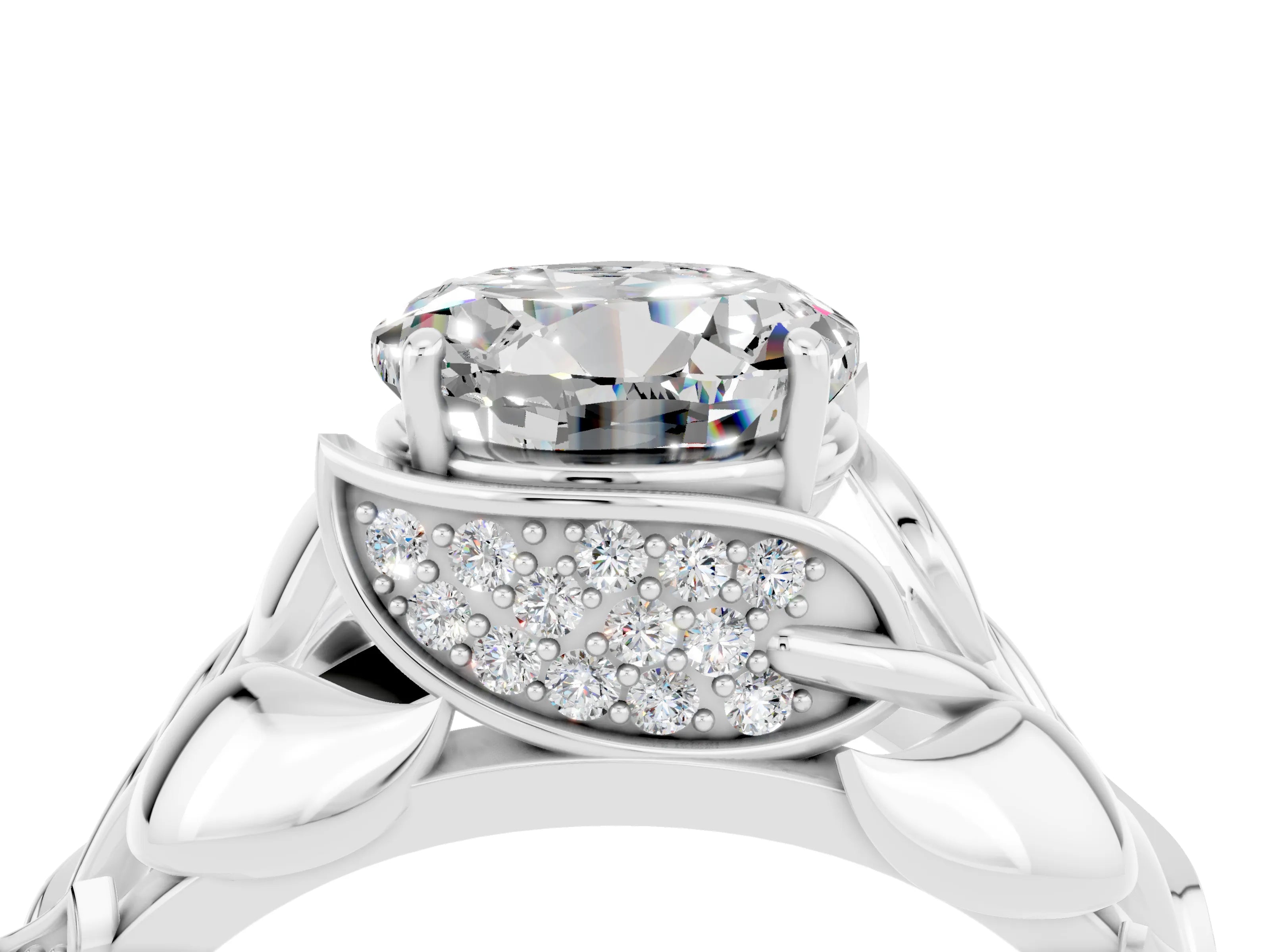 White gold Round Cut Solitaire Leaf-Inspired Engagement Ring with Prong Setting_4