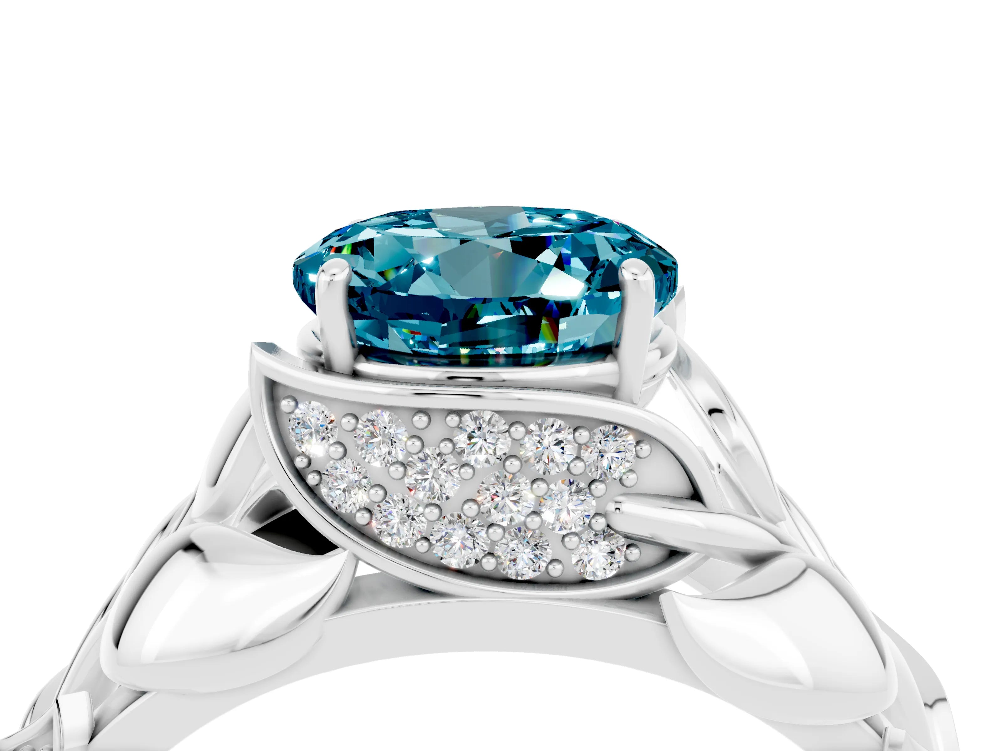 White gold Round Cut Solitaire Leaf-Inspired Engagement Ring with Prong Setting_4