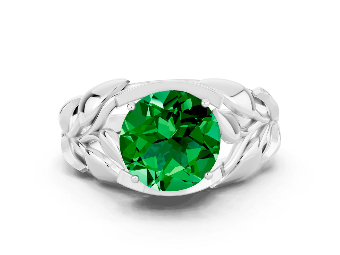 White gold Round Cut Solitaire Leaf-Inspired Engagement Ring with Prong Setting