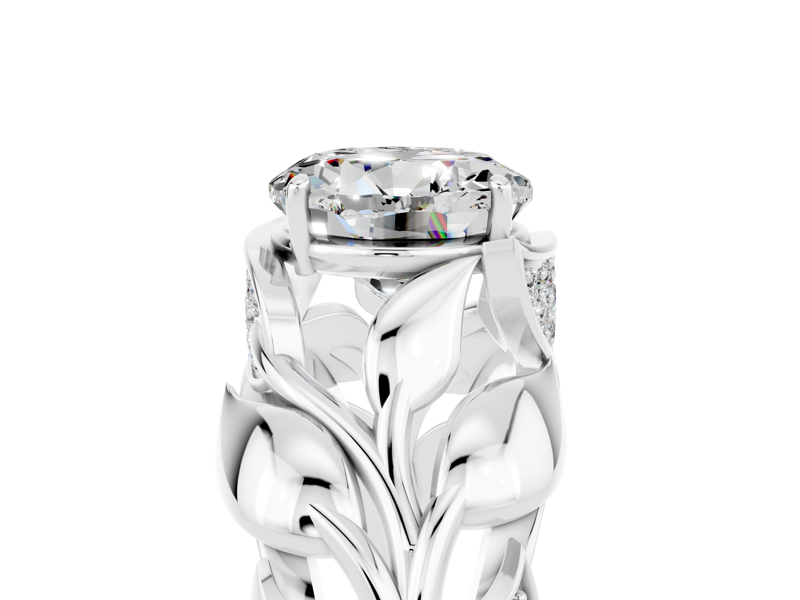 White gold Round Cut Solitaire Leaf-Inspired Engagement Ring with Prong Setting_5
