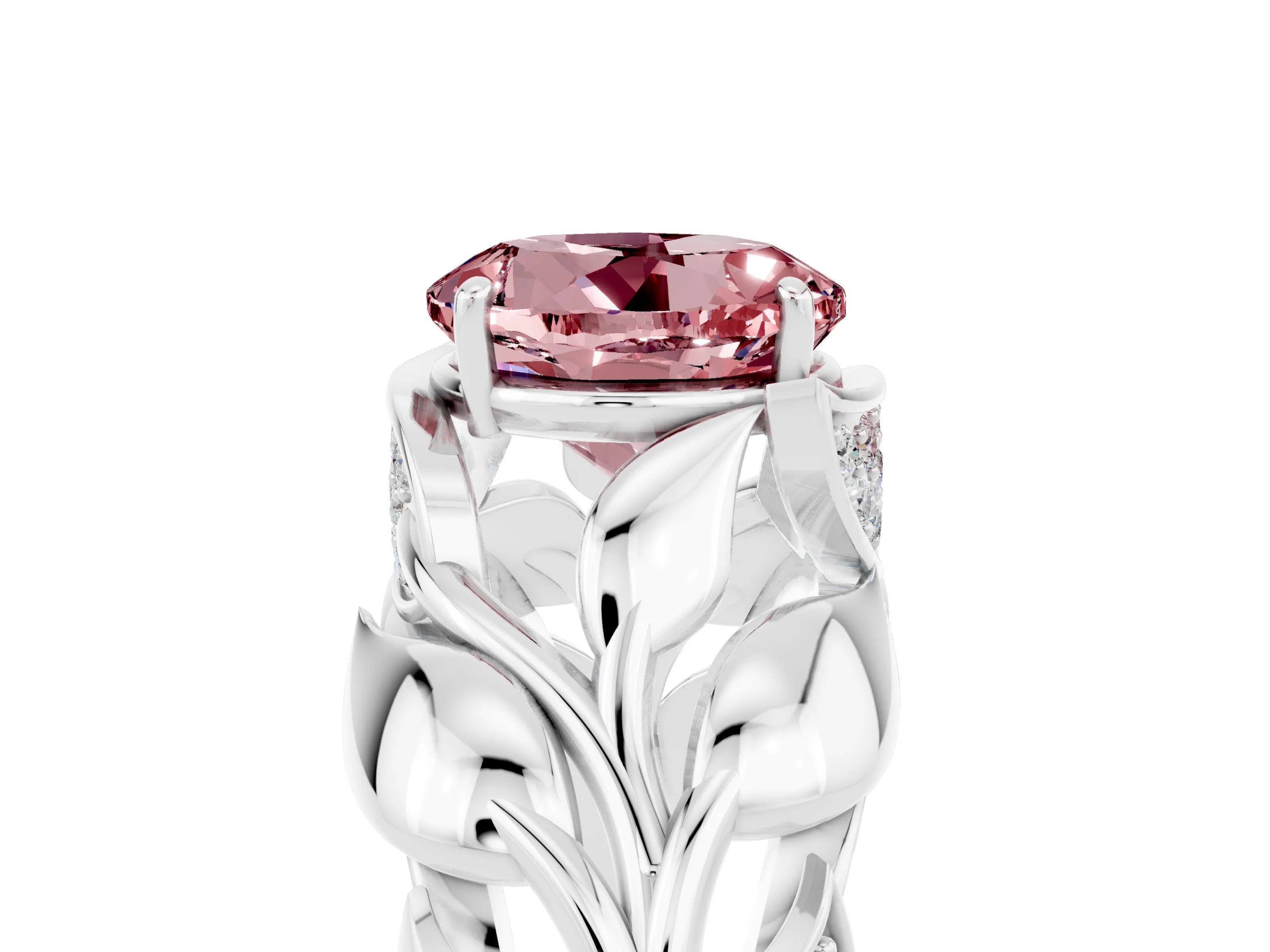 White gold Round Cut Solitaire Leaf-Inspired Engagement Ring with Prong Setting_5