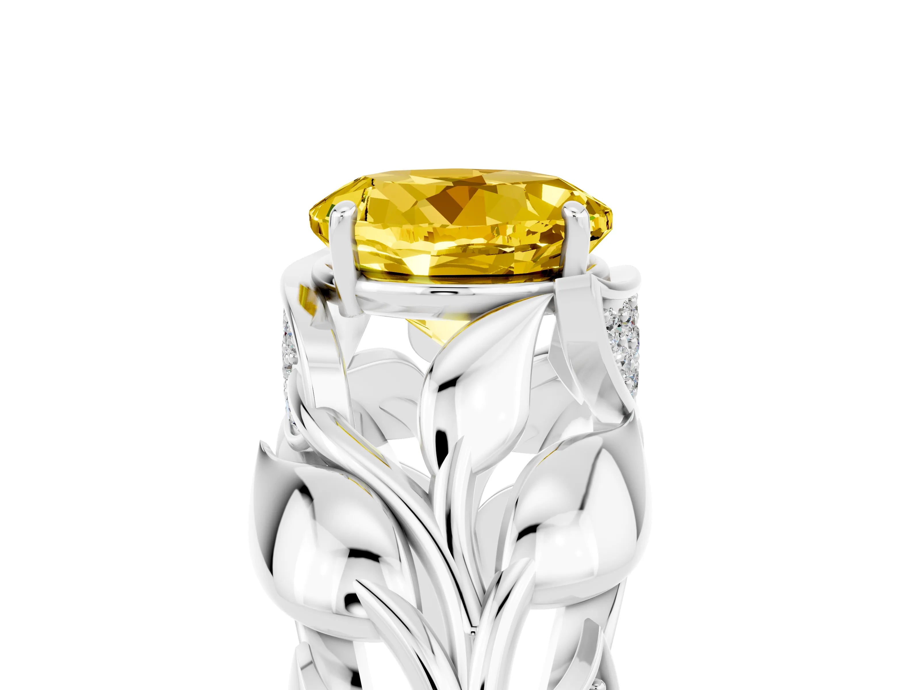 White gold Round Cut Solitaire Leaf-Inspired Engagement Ring with Prong Setting_5