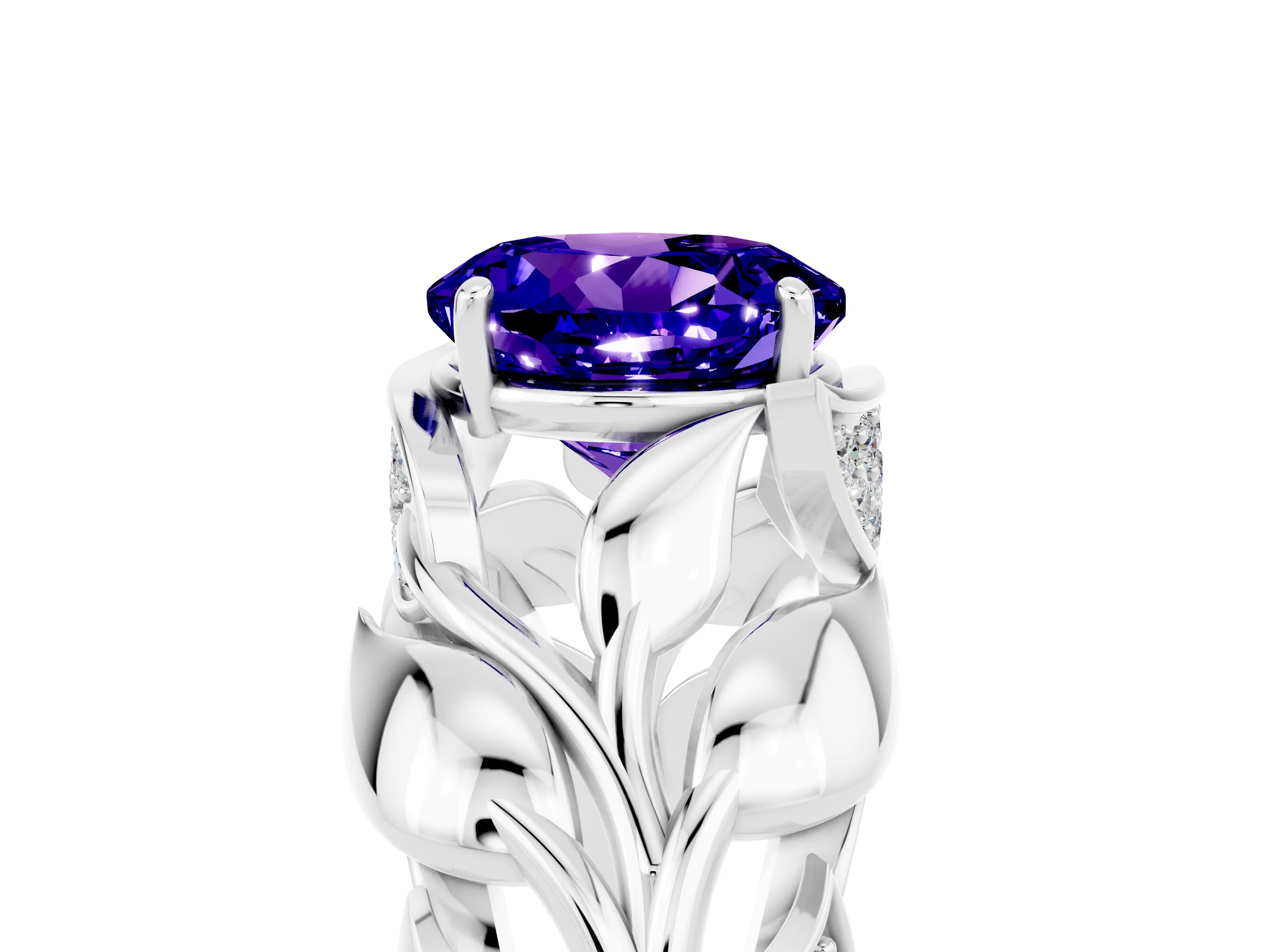 White gold Round Cut Solitaire Leaf-Inspired Engagement Ring with Prong Setting_5