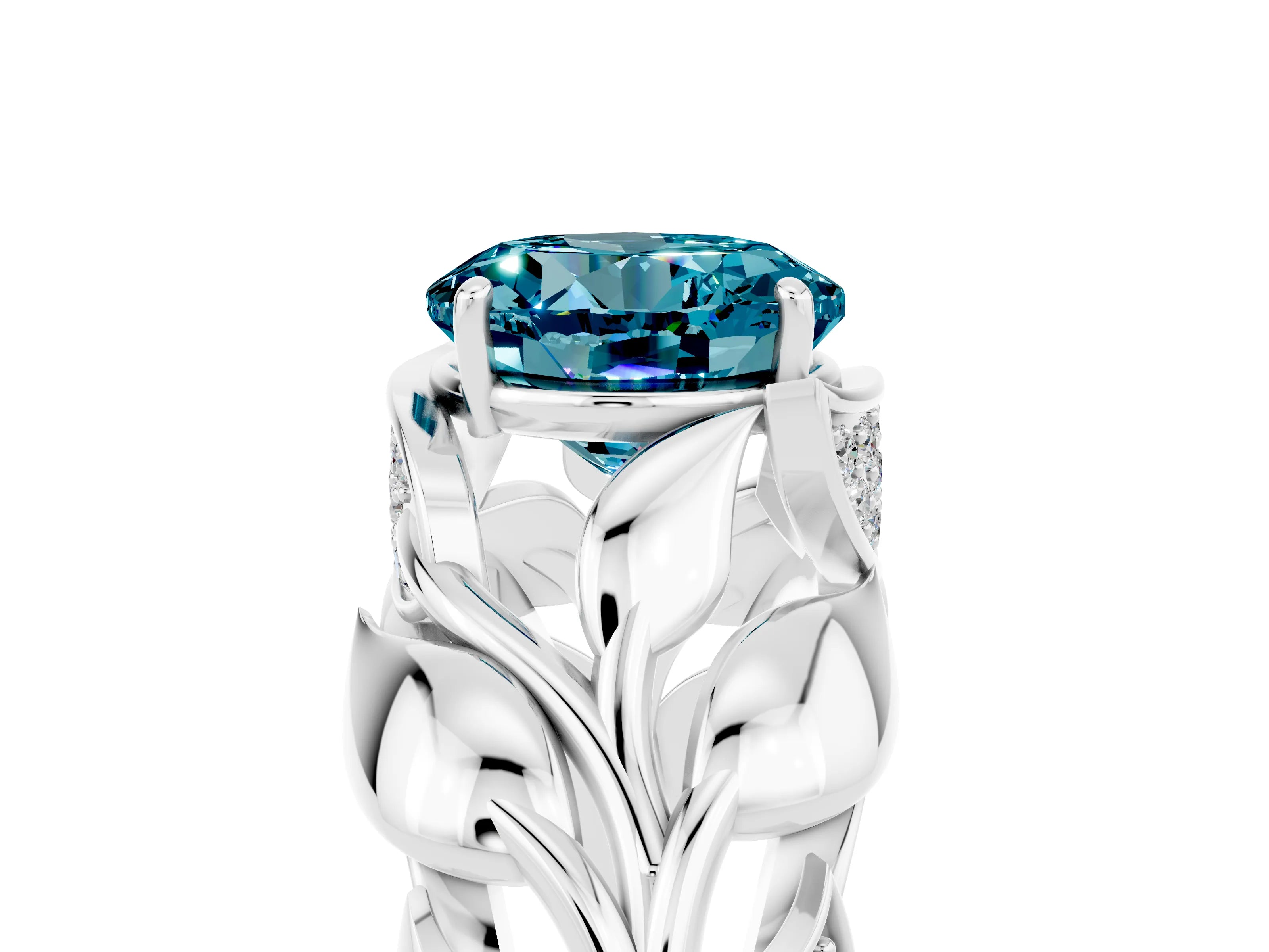 White gold Round Cut Solitaire Leaf-Inspired Engagement Ring with Prong Setting_5