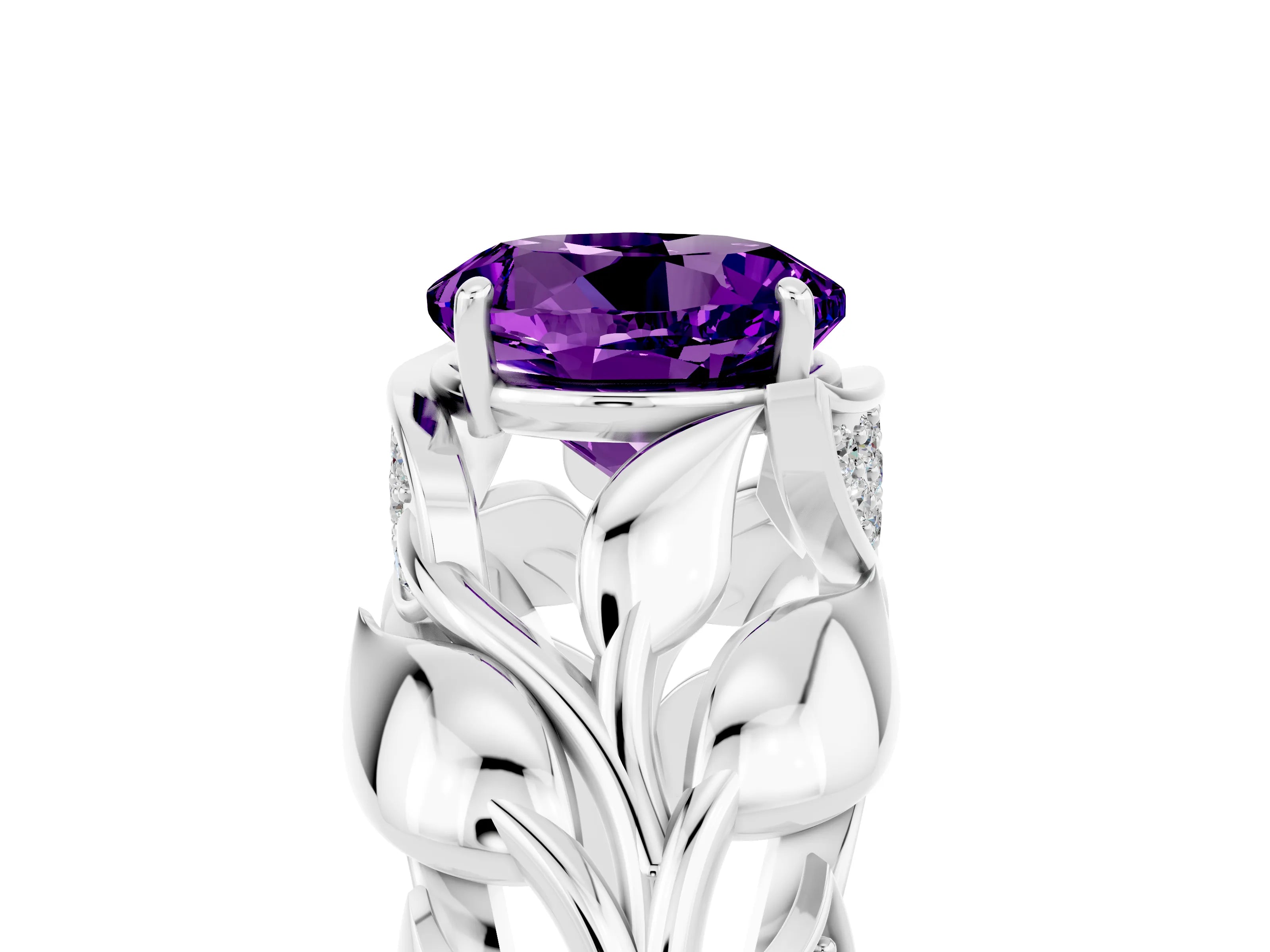 White gold Round Cut Solitaire Leaf-Inspired Engagement Ring with Prong Setting_5