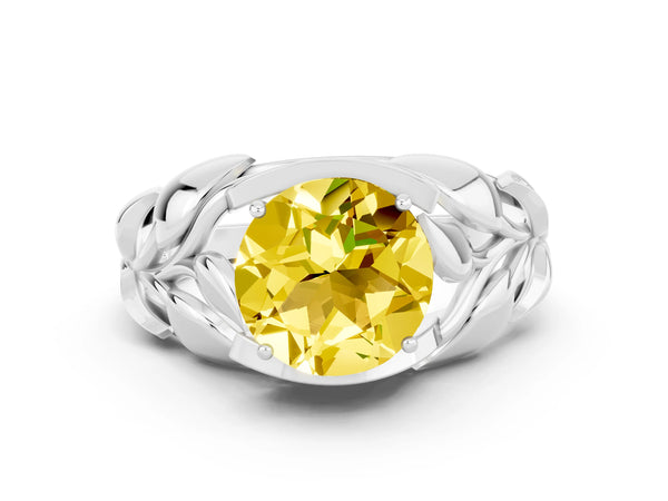 White gold Round Cut Yellow Sapphire Leaf-Inspired Engagement Ring with Round Accents and Prong Setting