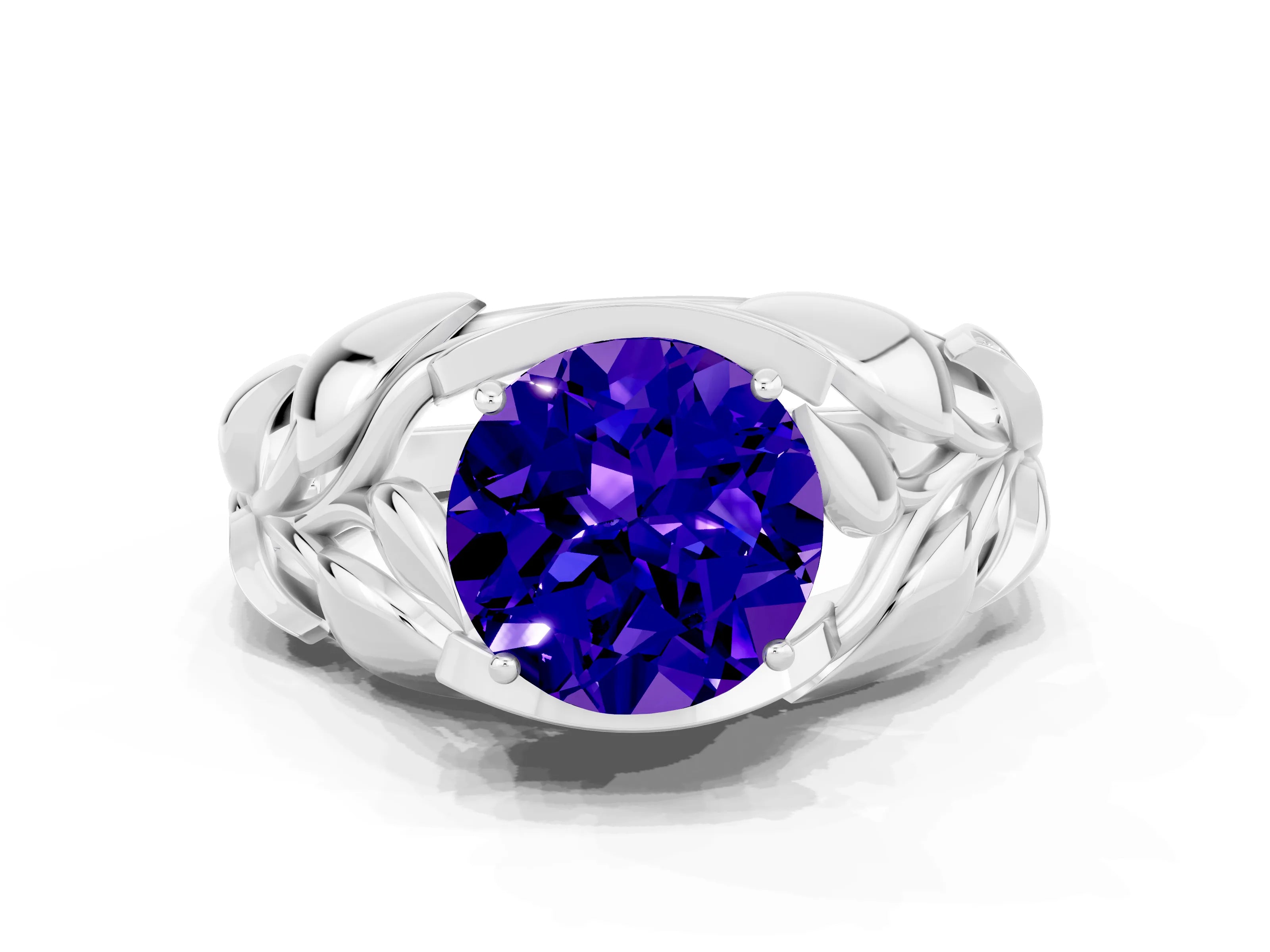White gold Round Cut Solitaire Leaf-Inspired Engagement Ring with Prong Setting