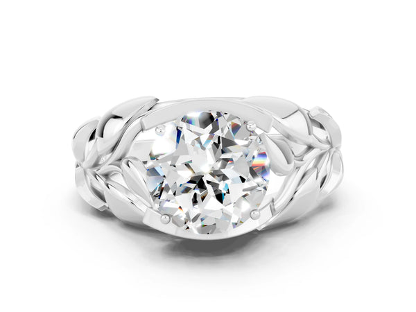 Silver Round Cut Moissanite Leaf-Inspired Engagement Ring with Round Accents and Prong Setting