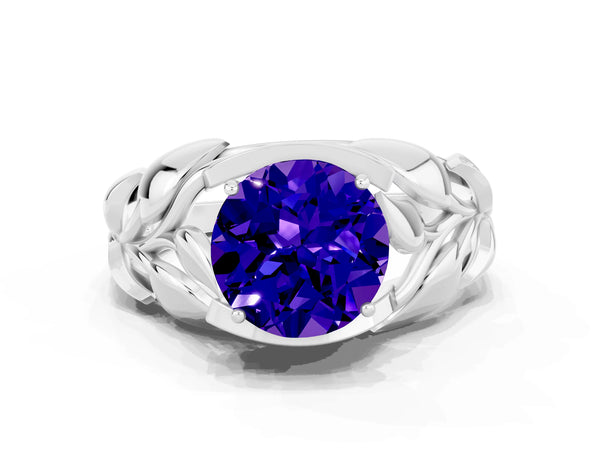 Platinum Round Cut Tanzanite Leaf-Inspired Engagement Ring with Round Accents and Prong Setting