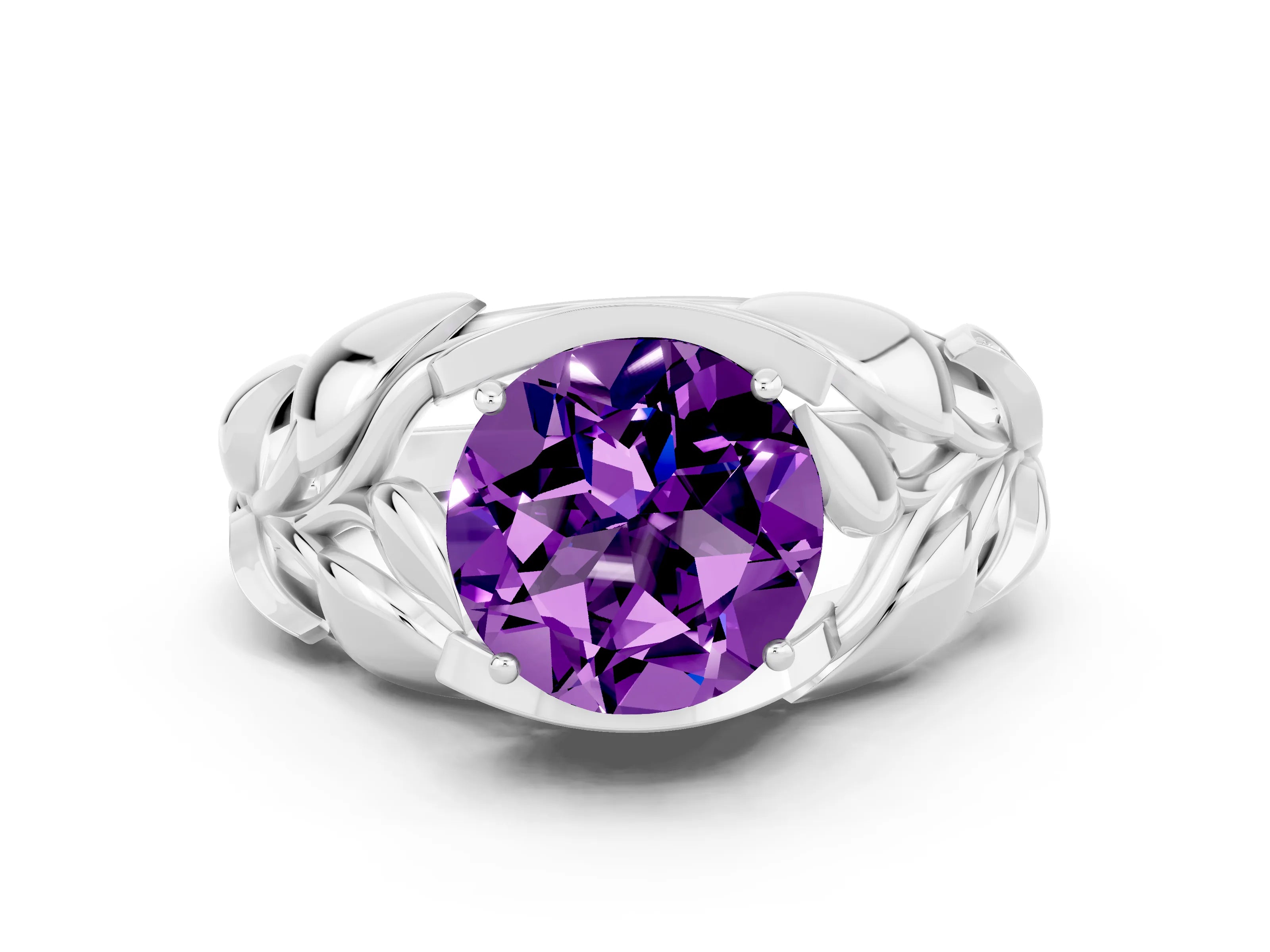 White gold Round Cut Solitaire Leaf-Inspired Engagement Ring with Prong Setting