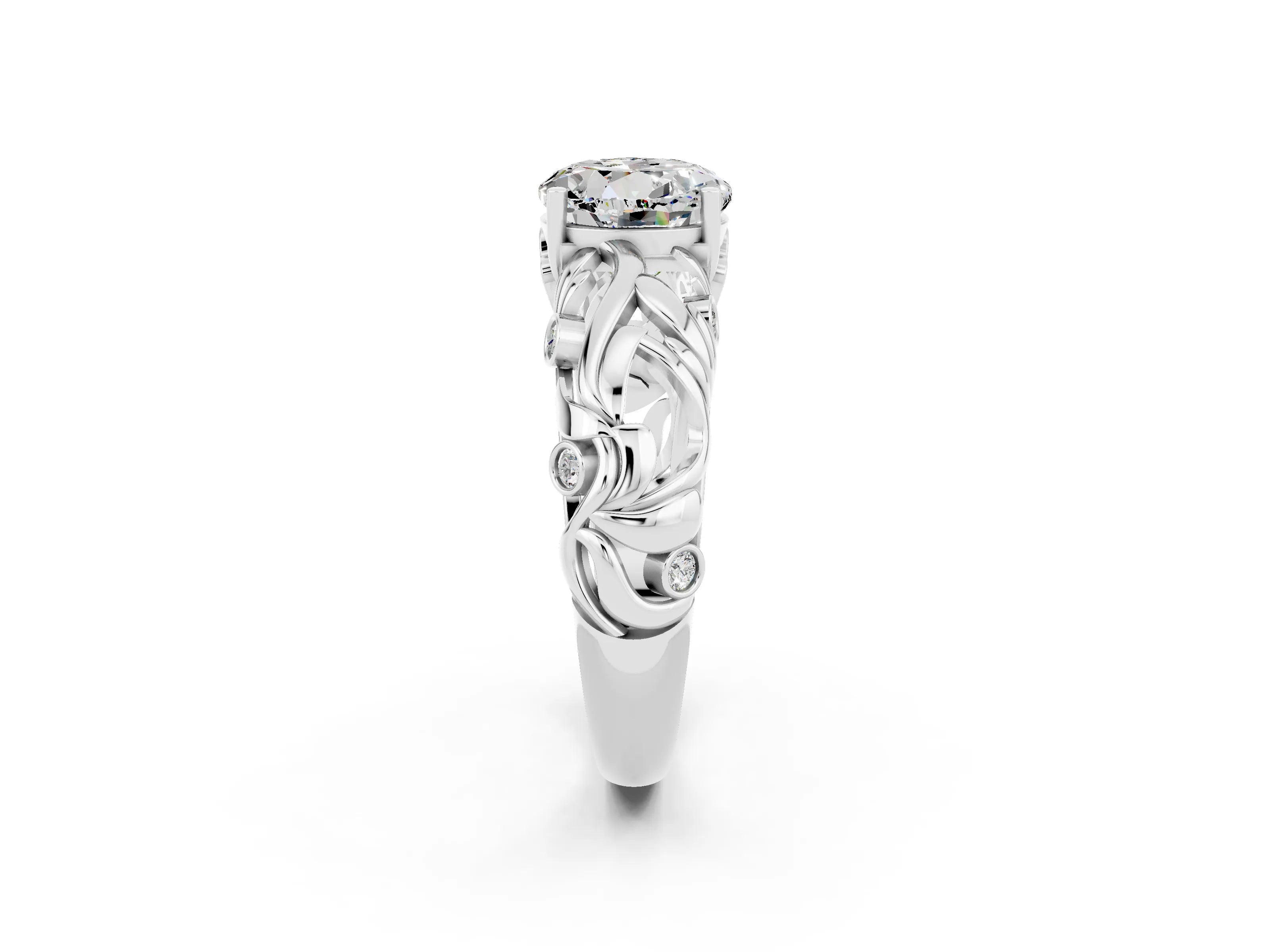 White gold Round Cut Solitaire Moissanite Leaf-Inspired Vine Band Ring with Prong Setting_2