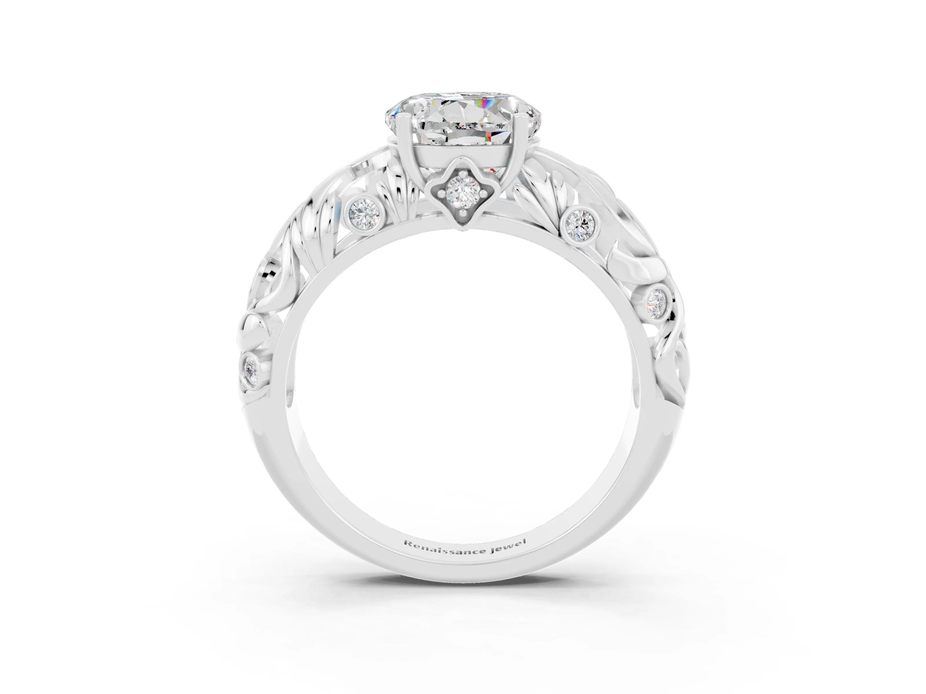 White gold Round Cut Solitaire Moissanite Leaf-Inspired Vine Band Ring with Prong Setting_3