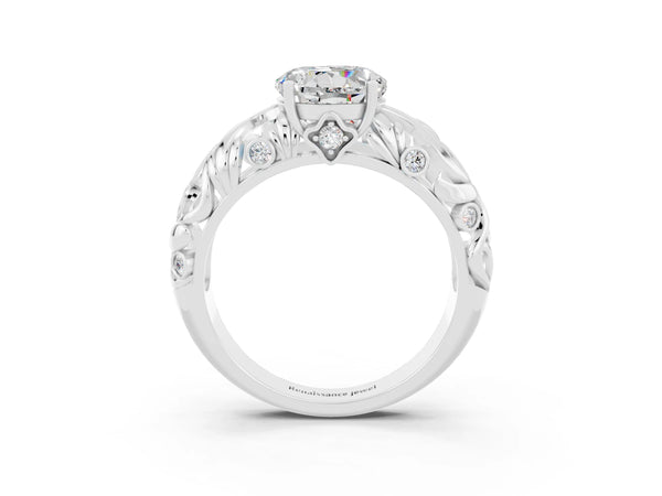 White gold Round Cut Solitaire Moissanite Leaf-Inspired Vine Band Ring with Prong Setting