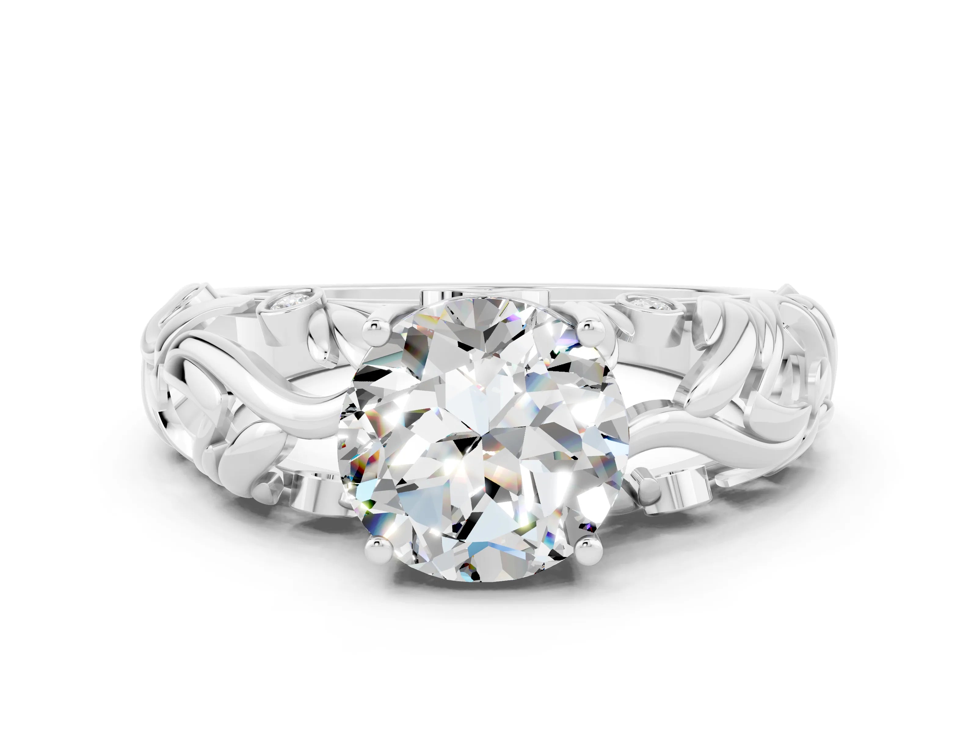 White gold Round Cut Solitaire Moissanite Leaf-Inspired Vine Band Ring with Prong Setting