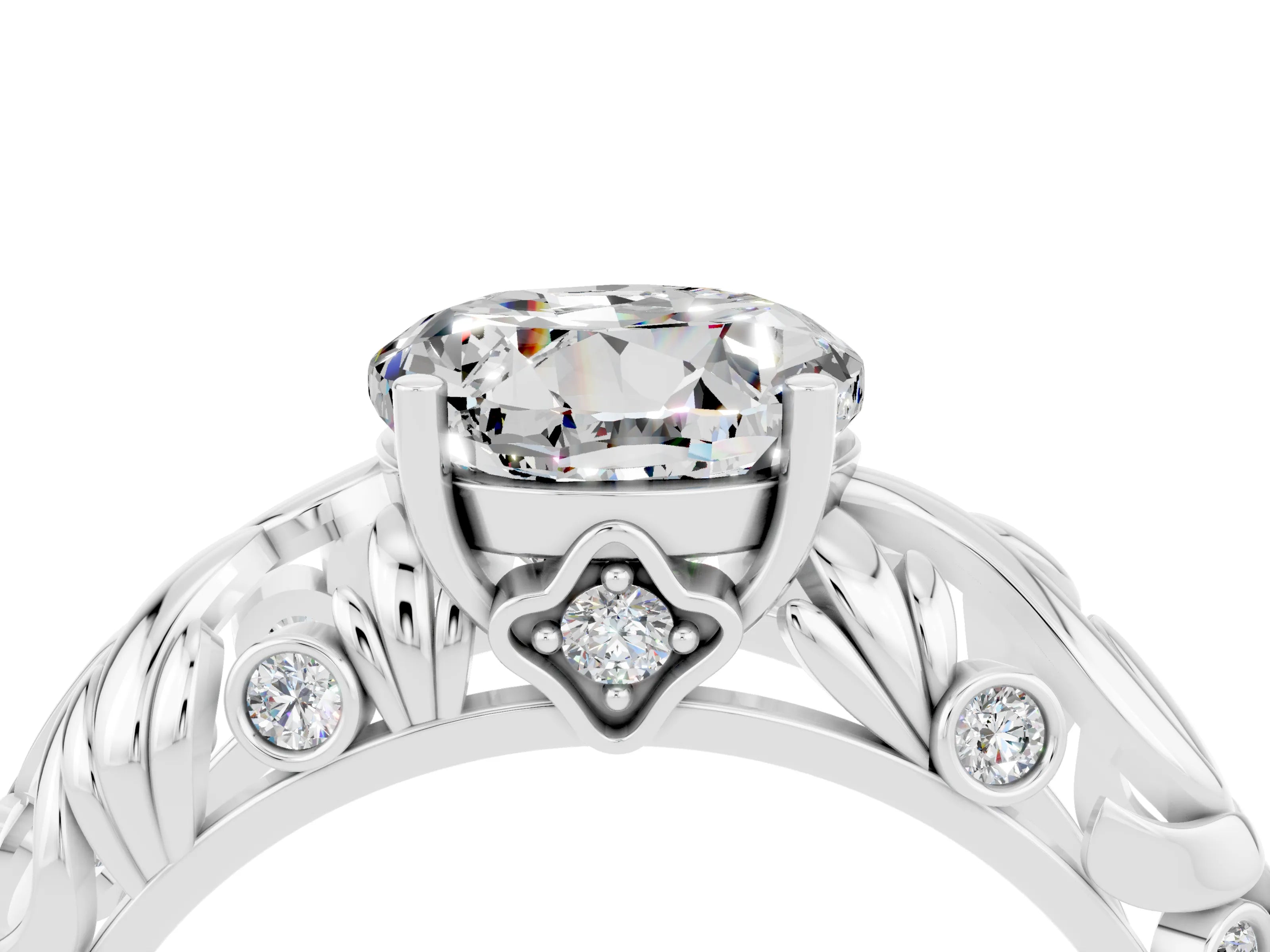 White gold Round Cut Solitaire Moissanite Leaf-Inspired Vine Band Ring with Prong Setting_4