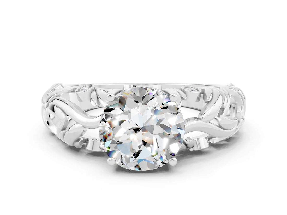 White gold Round Cut Solitaire Moissanite Leaf-Inspired Vine Band Ring with Prong Setting