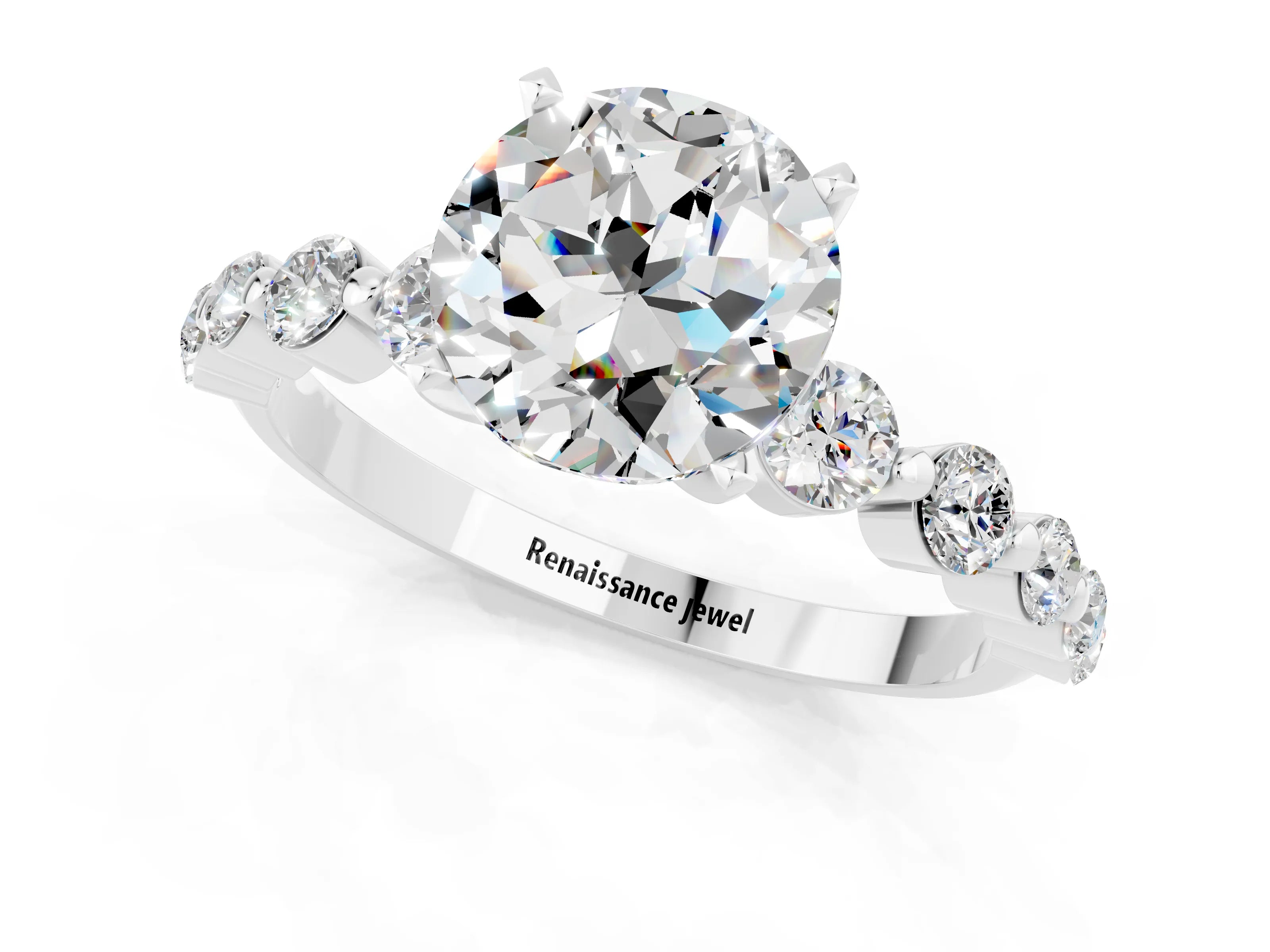 White gold Round Cut Solitaire Moissanite Ring with Pave Band and Four-Prong Setting_1