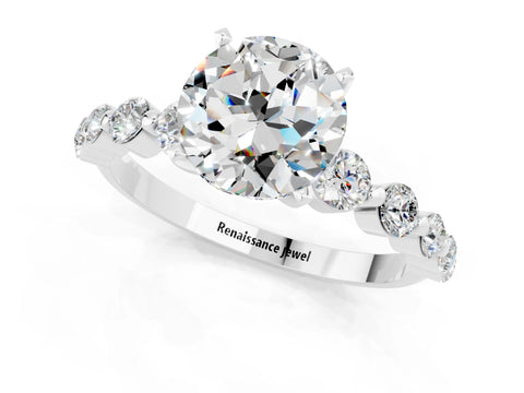 White gold Round Cut Solitaire Moissanite Ring with Pave Band and Four-Prong Setting_1