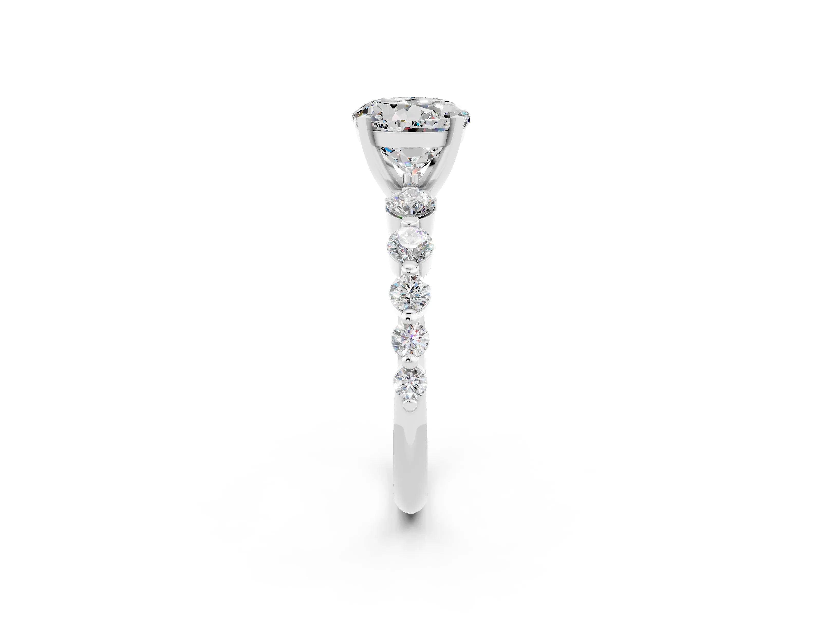 White gold Round Cut Solitaire Moissanite Ring with Pave Band and Four-Prong Setting_2