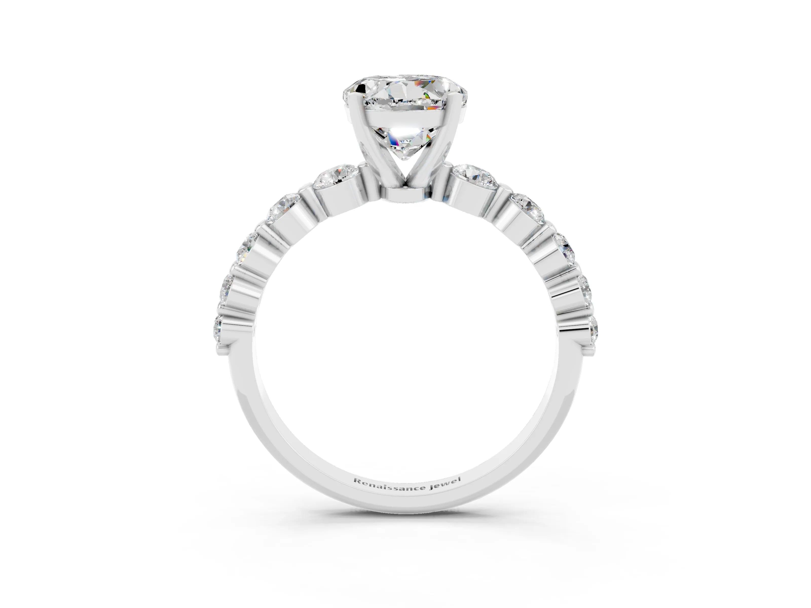 White gold Round Cut Solitaire Moissanite Ring with Pave Band and Four-Prong Setting_3