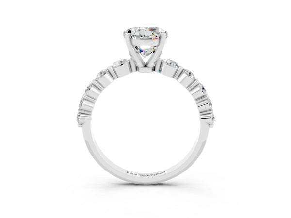Silver Round Cut Solitaire Moissanite Ring with Pave Band and Four-Prong Setting