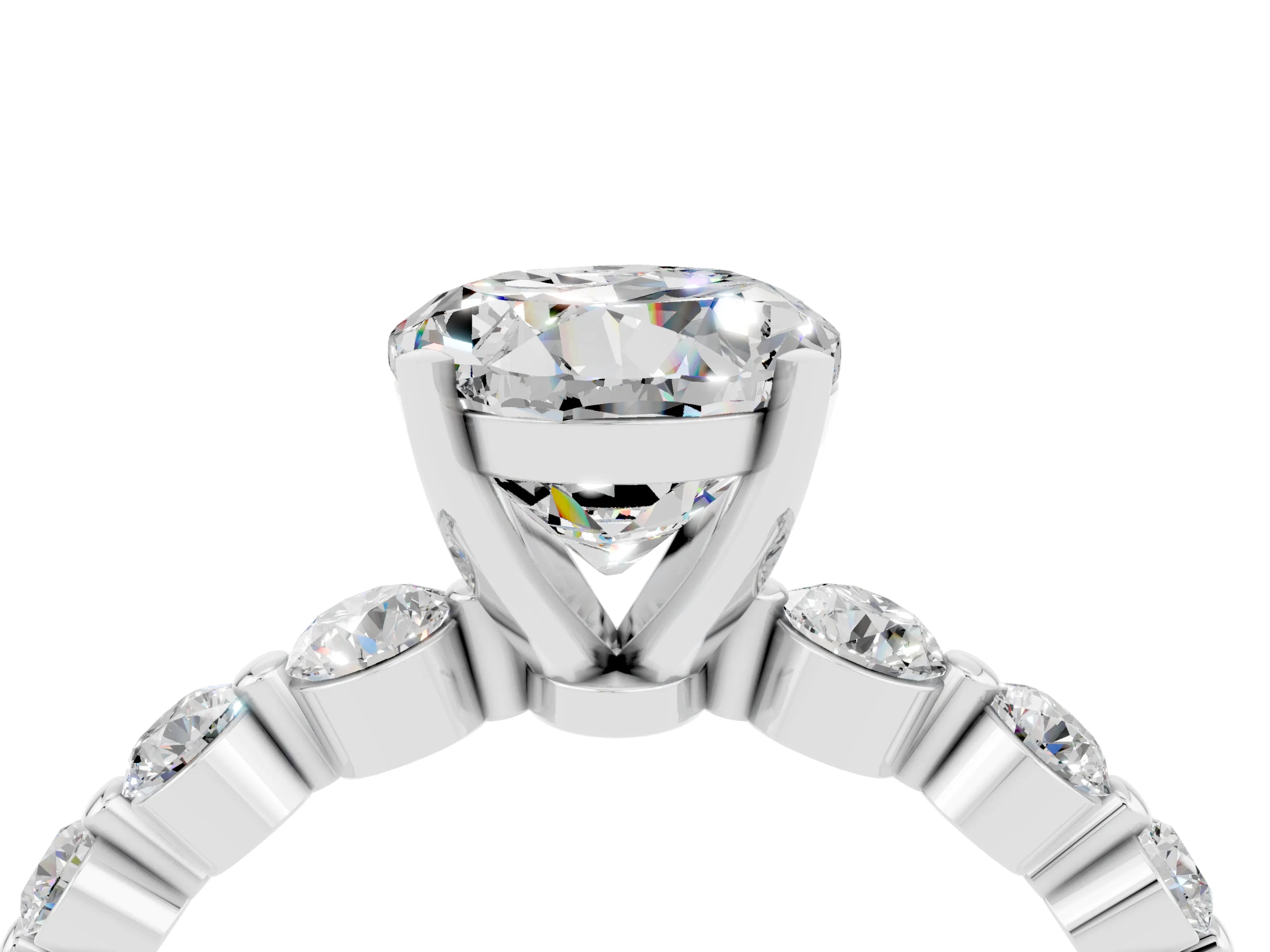 White gold Round Cut Solitaire Moissanite Ring with Pave Band and Four-Prong Setting_4
