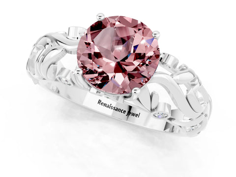 White gold Round Cut Solitaire Morganite Leaf-Inspired Vine Band Ring with Prong Setting_1