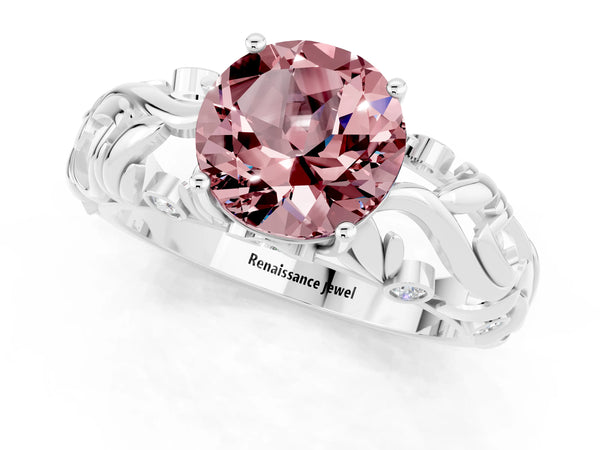 White gold Round Cut Solitaire Morganite Leaf-Inspired Vine Band Ring with Prong Setting
