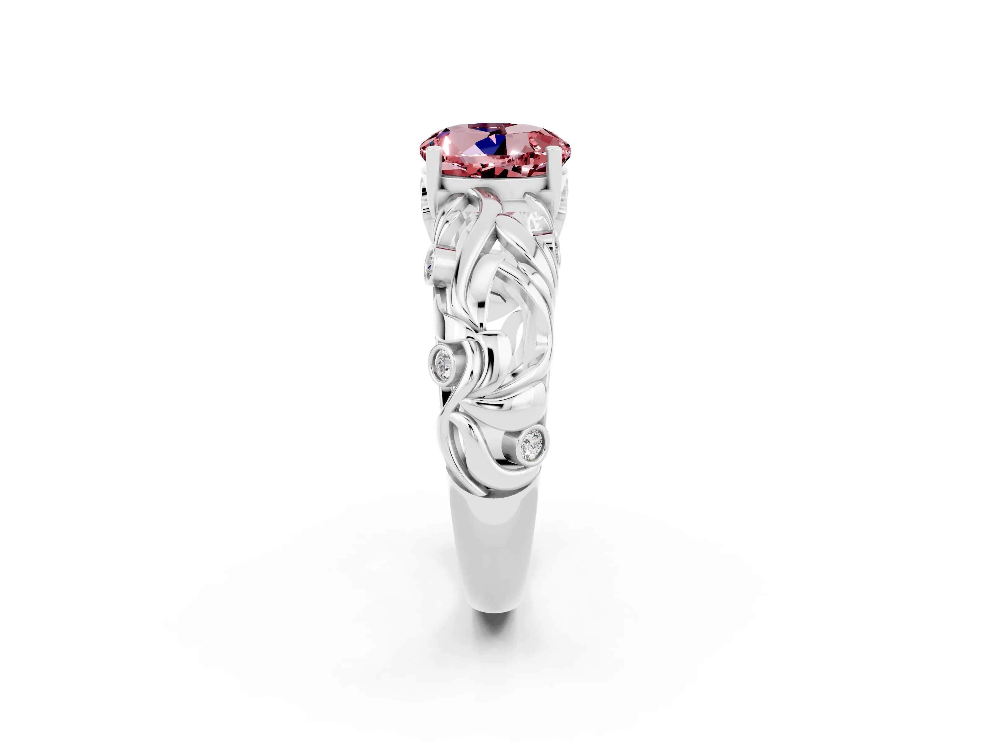 White gold Round Cut Solitaire Morganite Leaf-Inspired Vine Band Ring with Prong Setting_2