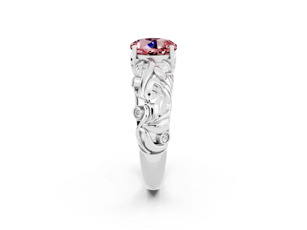 Silver Round Cut Solitaire Morganite Leaf-Inspired Vine Band Ring with Prong Setting