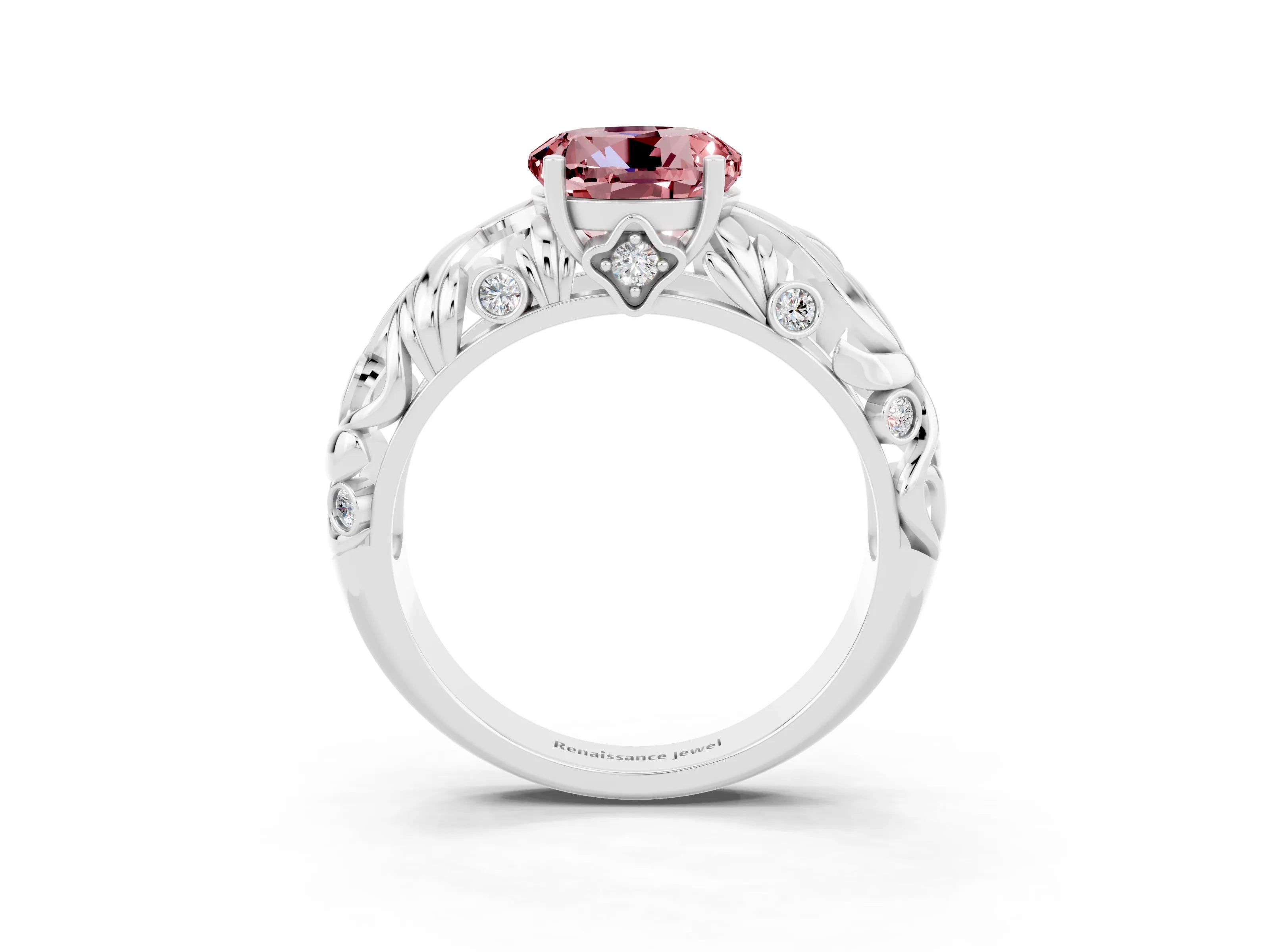 White gold Round Cut Solitaire Morganite Leaf-Inspired Vine Band Ring with Prong Setting_3