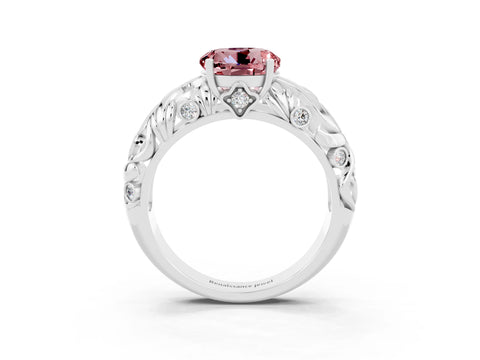 White gold Round Cut Solitaire Morganite Leaf-Inspired Vine Band Ring with Prong Setting_3