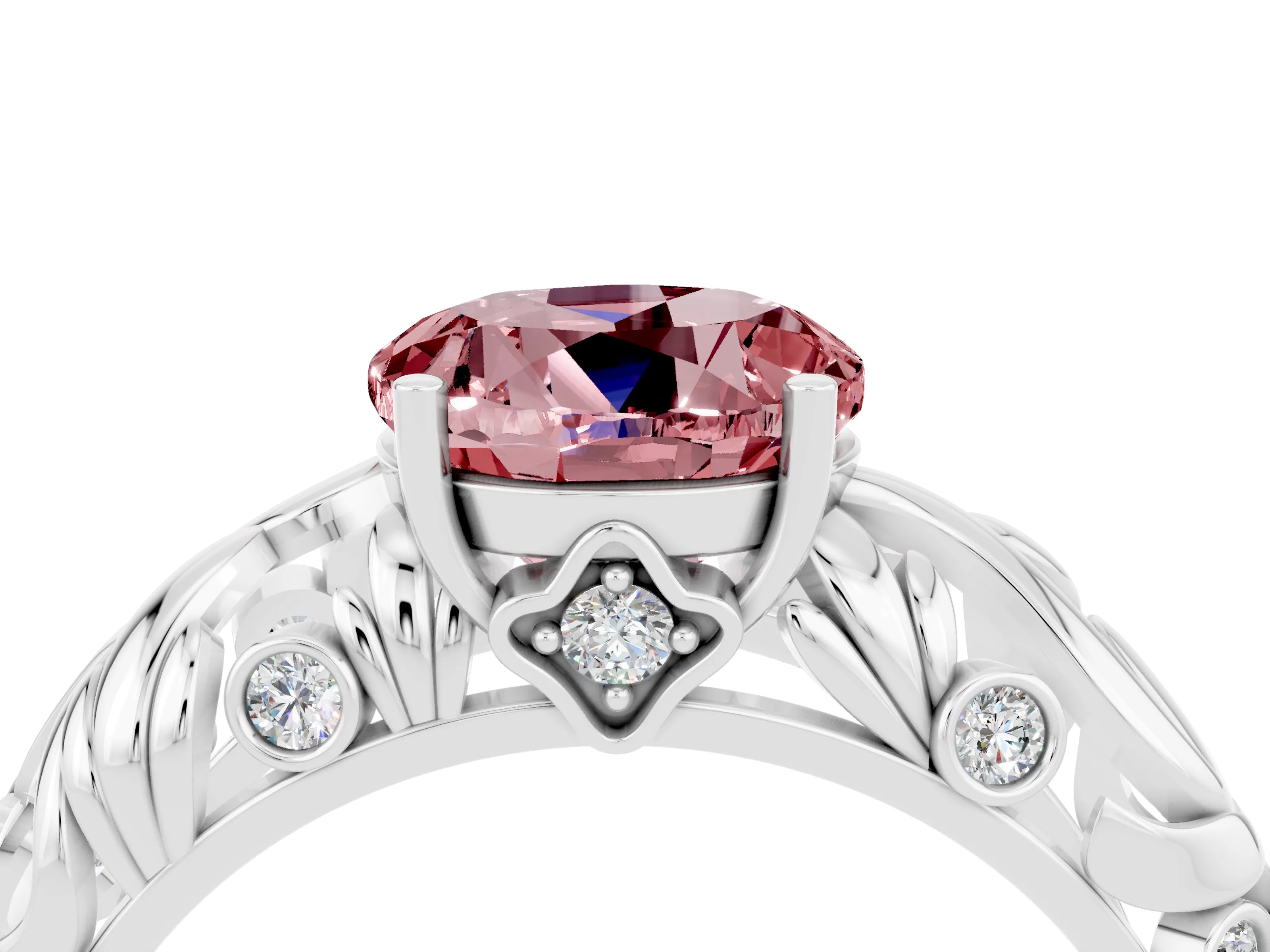 White gold Round Cut Solitaire Morganite Leaf-Inspired Vine Band Ring with Prong Setting_4