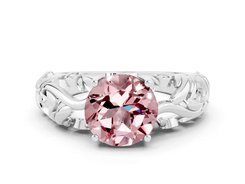 White gold Round Cut Solitaire Morganite Leaf-Inspired Vine Band Ring with Prong Setting