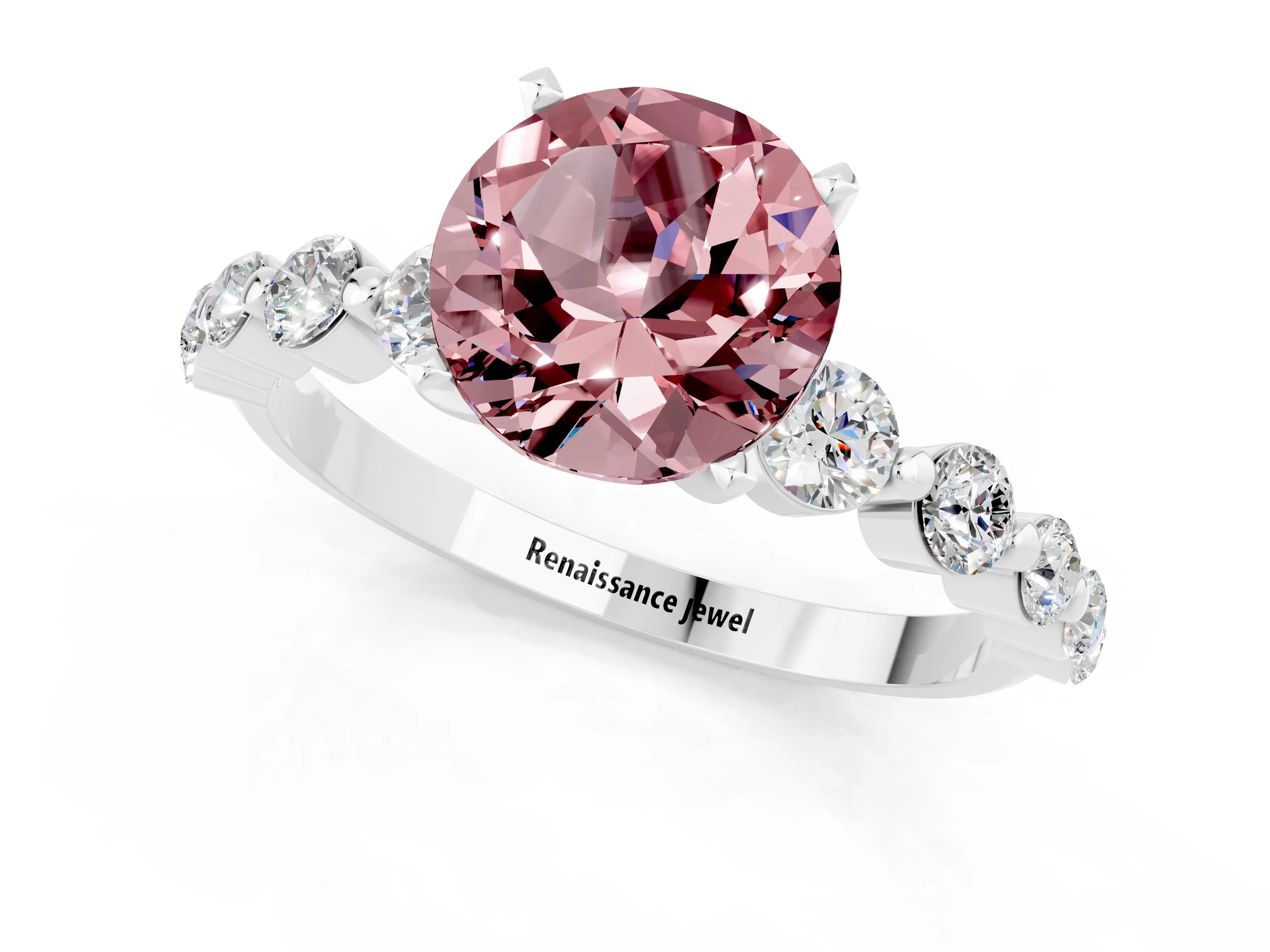 White gold Round Cut Solitaire Morganite Ring with Pave Band and Four-Prong Setting_1