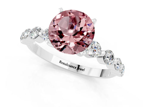 White gold Round Cut Solitaire Morganite Ring with Pave Band and Four-Prong Setting_1
