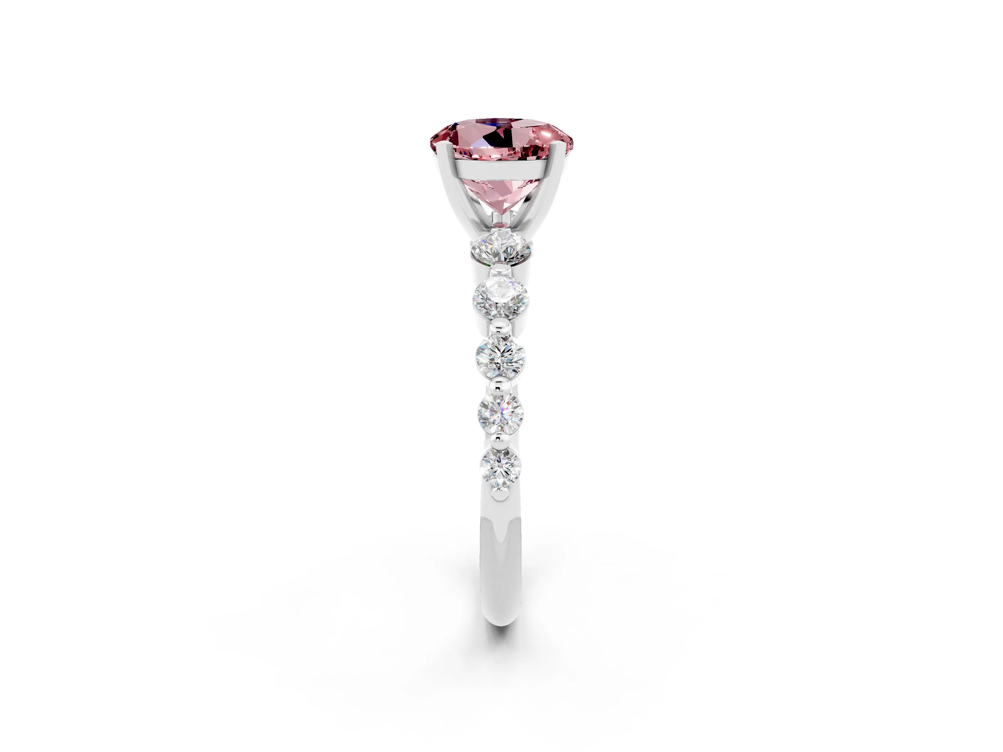 White gold Round Cut Solitaire Morganite Ring with Pave Band and Four-Prong Setting_2