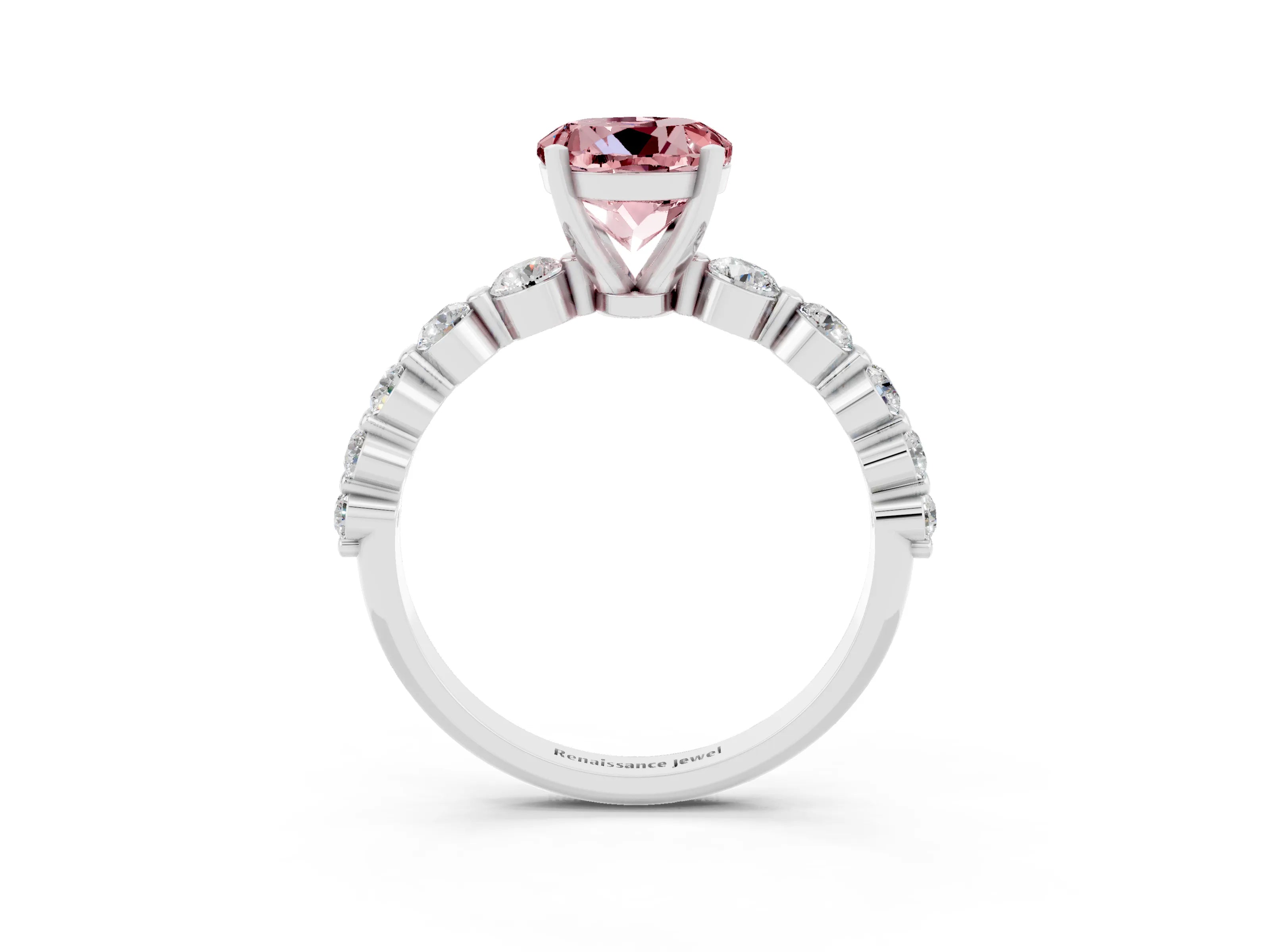 White gold Round Cut Solitaire Morganite Ring with Pave Band and Four-Prong Setting_3