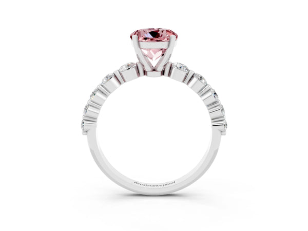 White gold Round Cut Solitaire Morganite Ring with Pave Band and Four-Prong Setting