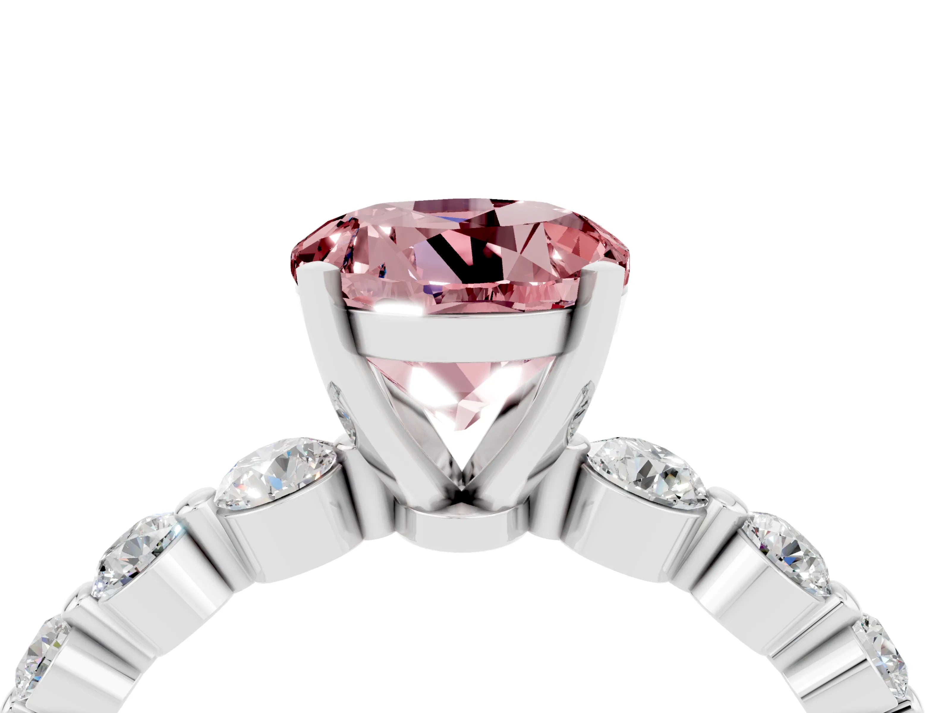 White gold Round Cut Solitaire Morganite Ring with Pave Band and Four-Prong Setting_4
