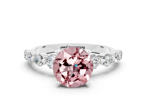 Silver Round Cut Solitaire Morganite Ring with Pave Band and Four-Prong Setting