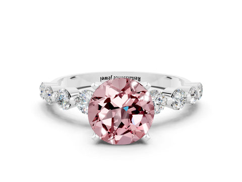 White gold Round Cut Solitaire Morganite Ring with Pave Band and Four-Prong Setting