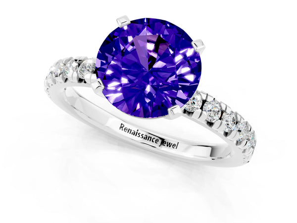 Silver Round Cut Solitaire Pave Diamond Engagement Ring with Four-Prong Setting