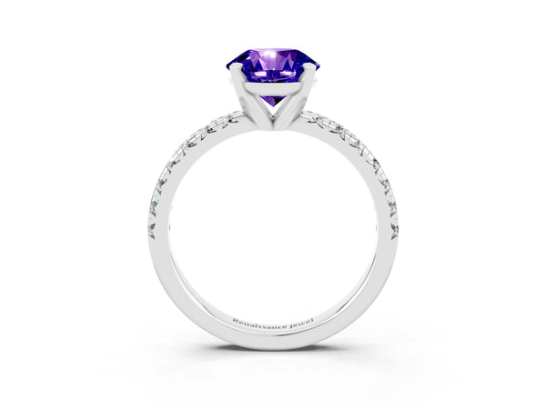Silver Round Cut Solitaire Pave Diamond Engagement Ring with Four-Prong Setting